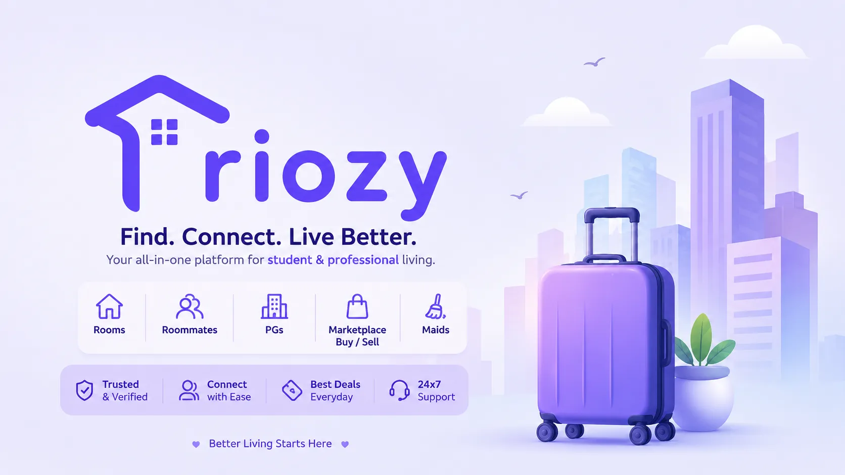 Triozy ecosystem showing housing, flatmates and marketplace features