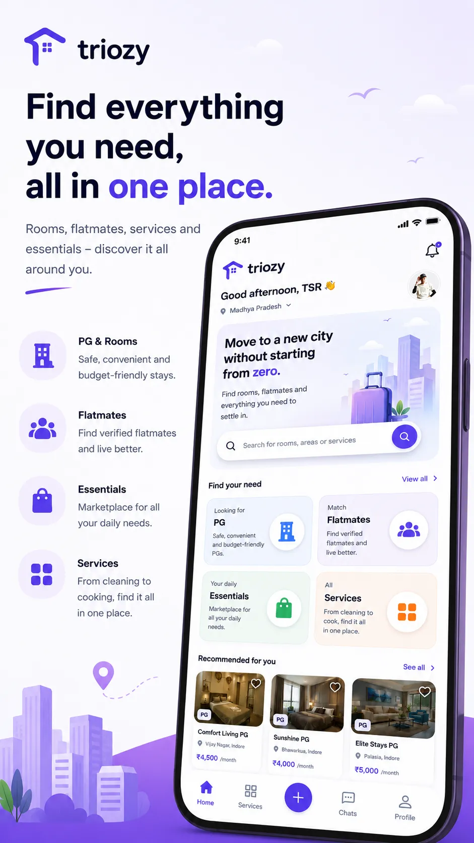Triozy App interface for finding rooms for rent and flatmates